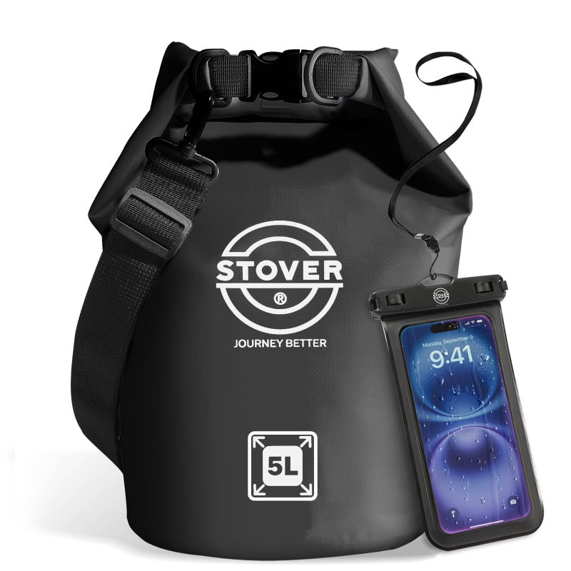 STOVER 5/10/25/30/40/55L حقيبة جافة مقاومة للماء صغيرة خفيفة الوزن قابلة للطي حقيبة ظهر جافة مع حافظة هاتف مقاومة للماء والتجديف والسفر والمشي لمسافات طويلة وأنابيب الصيد والتخييم على الشاطئ للرجال/النساء (أسود) - Image 1